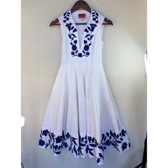 KATE SPADE White Blue Dress Zig Zag Floral Embroidered Fit Flare Midi Sleeveless - Picture 5 of 15